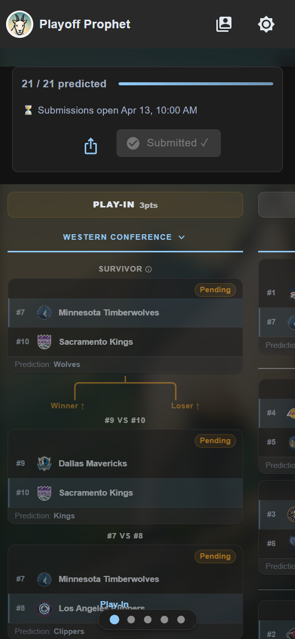 Playoff Prophet mobile bracket prediction view