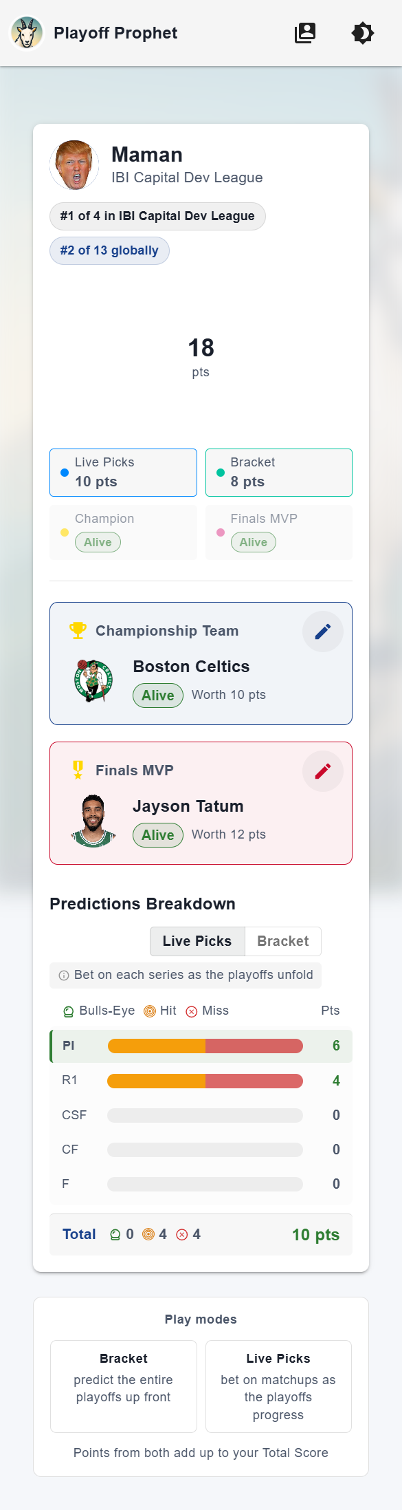 Playoff Prophet mobile dashboard — score, picks, and standings